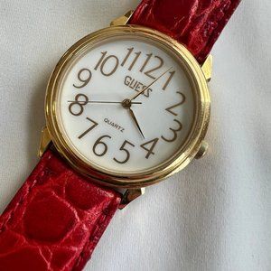 Vintage GUESS Red Leather Band Gold Tone Womens Fashion Watch
